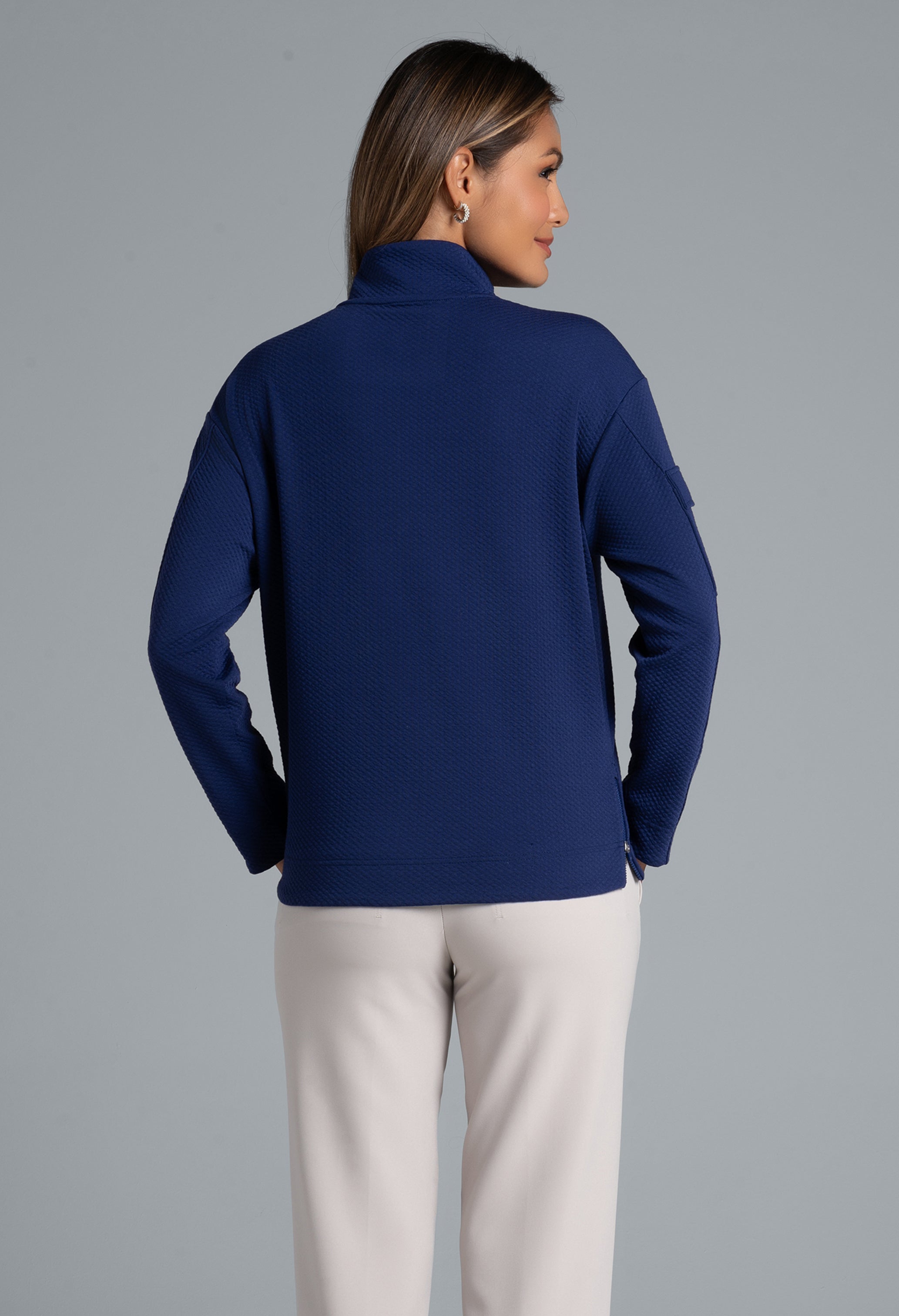 Solid Popcorn Stitch 1/4 Zip Pullover - 42000